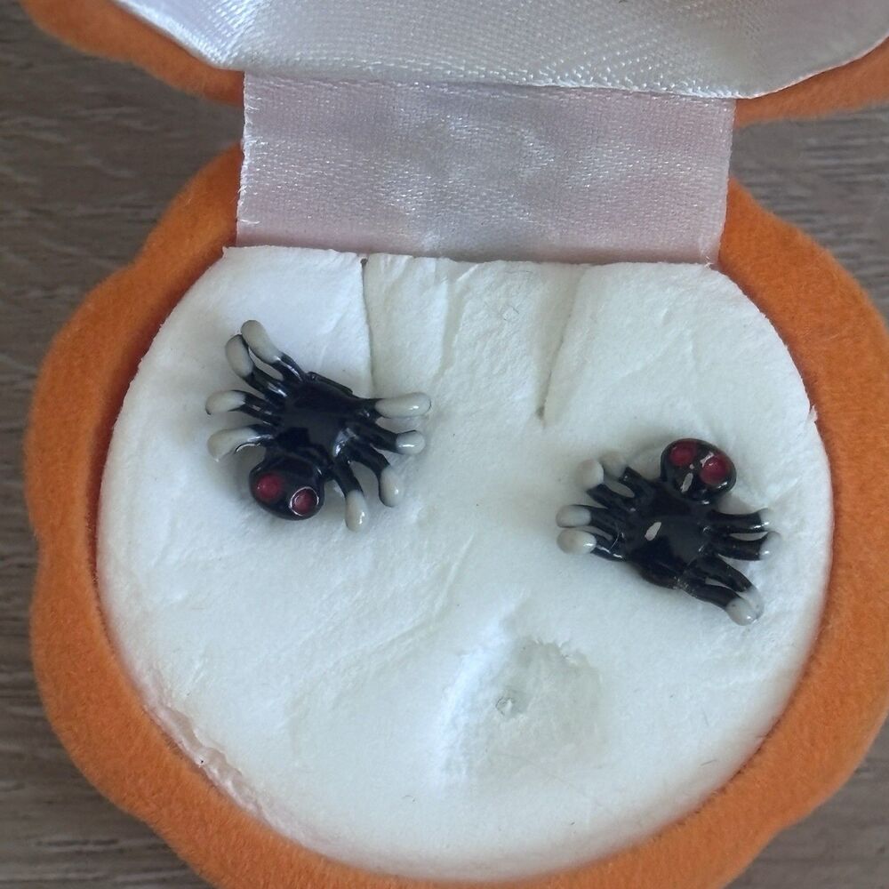 VTG Novelty Spider Stud Earrings In Flocked Pumpkin Jewelry Gift Box Halloween